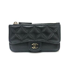 CHANEL Authentic Black Caviar Leather Logo Wallet
